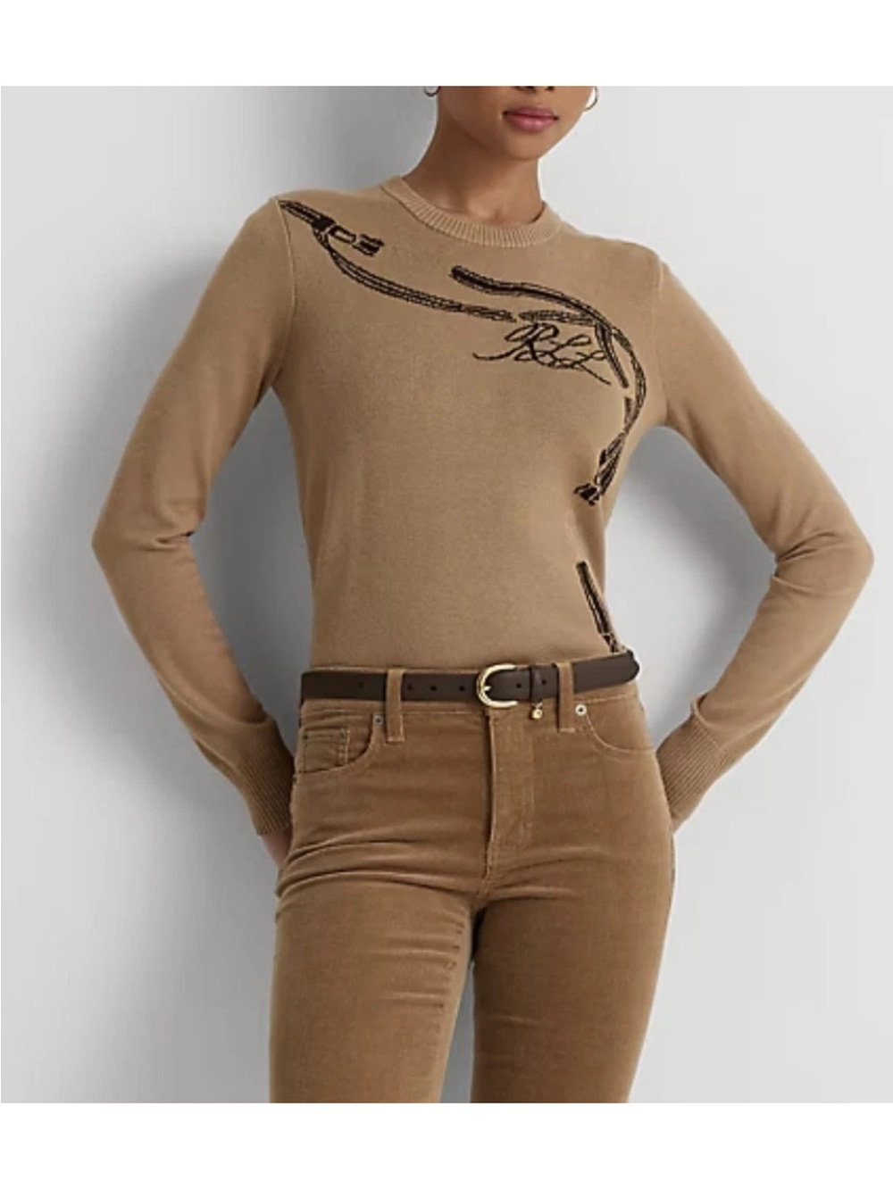 Lauren Ralph Lauren Women's Tan Embroidered Crewneck Sweater - Sz Small